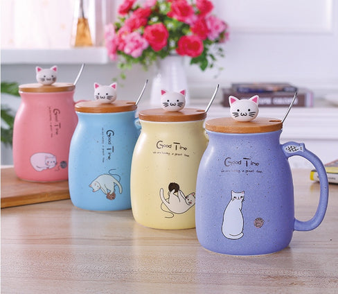 450ml Cartoon Ceramics Cat Mug With Lid and Spoon Coffee Milk Tea Mugs Breakfast Cup Drinkware Novelty Gifts