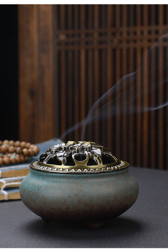 Copper Lid Ceramic Incense Burner Buddha with Antique Alloy Wire Incense Burner