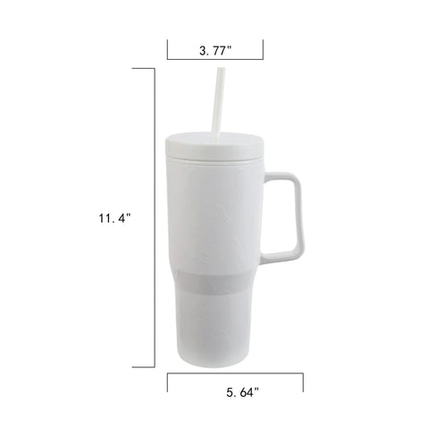 Halloween 30 oz Plastic Double Wall Insulated Embossed Ghost Tumbler with Straw and Handle, White