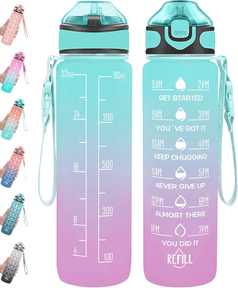 32oz Water Bottle with Time Marker & Straw lid for Gym,Motivational Fitness Sports Water Jug with Removable Strainer,Dishwasher Safe,Leakproof,Safety Lock,No BPA,Green+purple