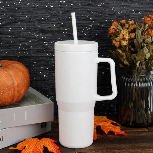 Halloween 30 oz Plastic Double Wall Insulated Embossed Ghost Tumbler with Straw and Handle, White