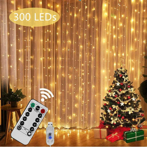 Led Window Curtain Lights,9.8x9.8FT 300LED, Remote Control ,USB Powered 8 Modes, for Bedroom, Outdoor, Garden