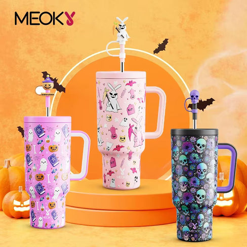 Meoky 40oz Tumbler Handle with Straw Cute Stopper Stainless Steel Insulation Coffee Cup Luminous Vacuum Car Mug Halloween Gifts