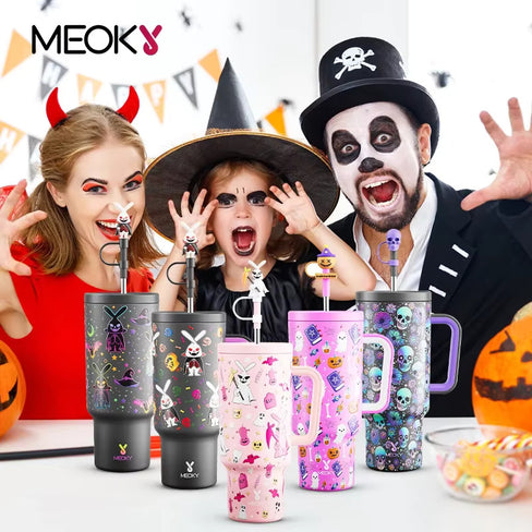 Meoky 40oz Tumbler Handle with Straw Cute Stopper Stainless Steel Insulation Coffee Cup Luminous Vacuum Car Mug Halloween Gifts