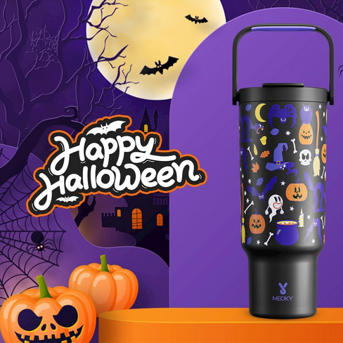 Meoky 40 oz Halloween Tumbler with Handle and Straw, Glow in the Dark Insulated Water Bottle, Stainless Steel Travel Mug, Keeps Cold for 34 Hours, Fits in Car Cup Holder (Haunted Pumpkin)