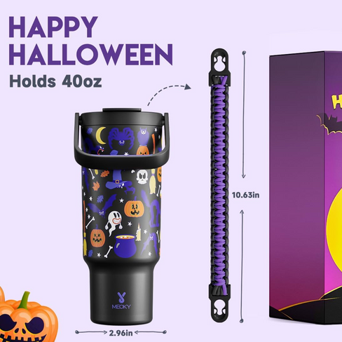 Meoky 40 oz Halloween Tumbler with Handle and Straw, Glow in the Dark Insulated Water Bottle, Stainless Steel Travel Mug, Keeps Cold for 34 Hours, Fits in Car Cup Holder (Haunted Pumpkin)