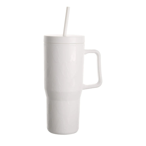 Halloween 30 oz Plastic Double Wall Insulated Embossed Ghost Tumbler with Straw and Handle, White