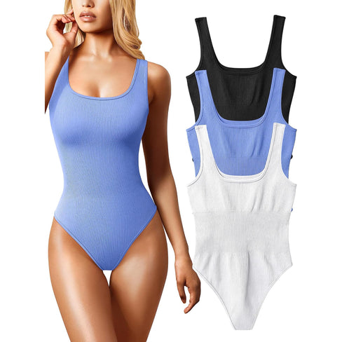 Women's 3 Piece Bodysuits Sexy Ribbed Sleeveless Square Neck Sleeveless Tank Tops Bodysuits