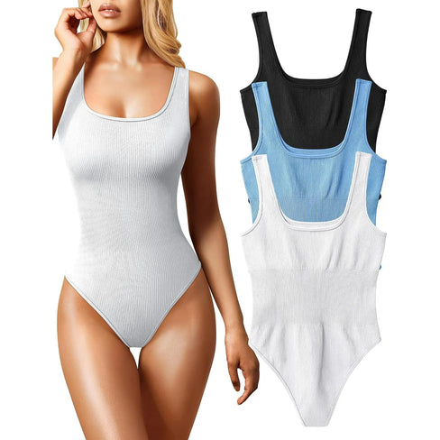 Women's 3 Piece Bodysuits Sexy Ribbed Sleeveless Square Neck Sleeveless Tank Tops Bodysuits