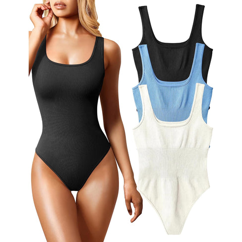 Women's 3 Piece Bodysuits Sexy Ribbed Sleeveless Square Neck Sleeveless Tank Tops Bodysuits