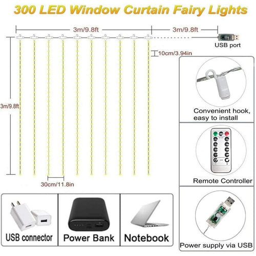 Led Window Curtain Lights,9.8x9.8FT 300LED, Remote Control ,USB Powered 8 Modes, for Bedroom, Outdoor, Garden